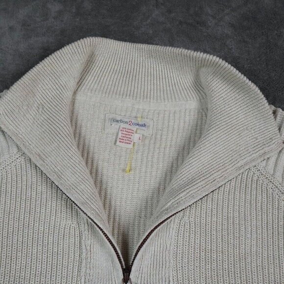Carbon 2 Cobalt Men's Large Oatmeal Beige Quarter 1/4 Zip Cowl Ribbed Fisherman - Picture 3 of 8